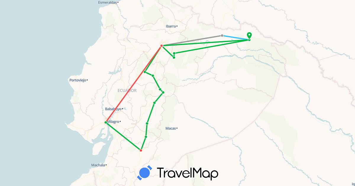 TravelMap itinerary: bus, plane, hiking, boat in Ecuador (South America)